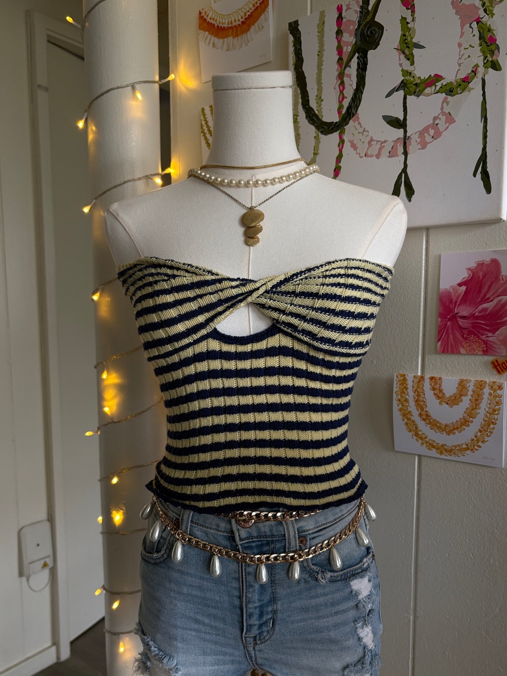 Striped Knit Twist-Front Tube Top - Navy & Cream